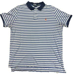 Polo Ralph Lauren Mens XL Short Sleeve Polo Shirt Blue Stripe Orange Logo Preppy